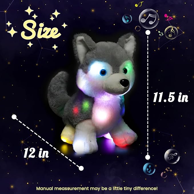 Hopearl LED Musical Stuffed Husky Lighting Up Singing Plush Dog Adjustable Volume Lullaby Animated Soothe Birthday Gifts for Kids Boys Girls, Gray, 12''