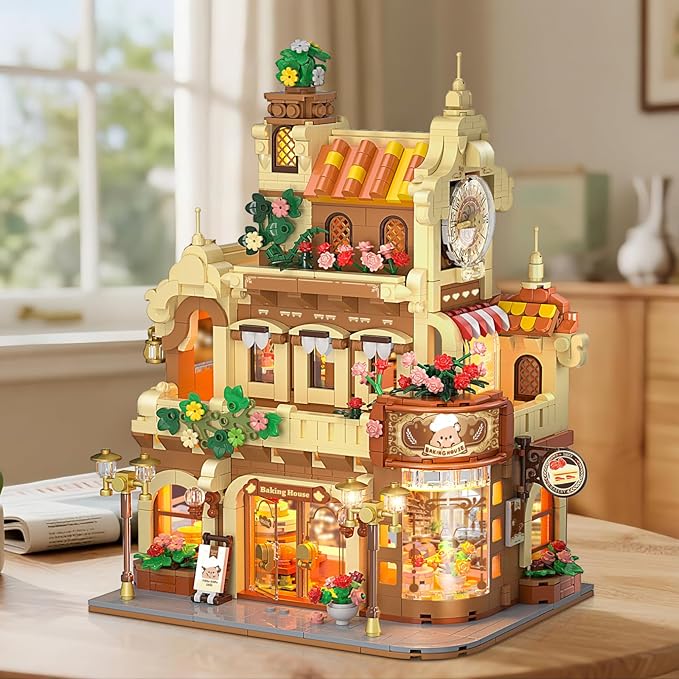 Flower Bakery Coffee House Building Set with Lights, City Cafe Baking House Display Model Toy, 1289 PCS Modular Construction Building Blocks Kit Home Decor, Gift for Adults Teens Girls 12+