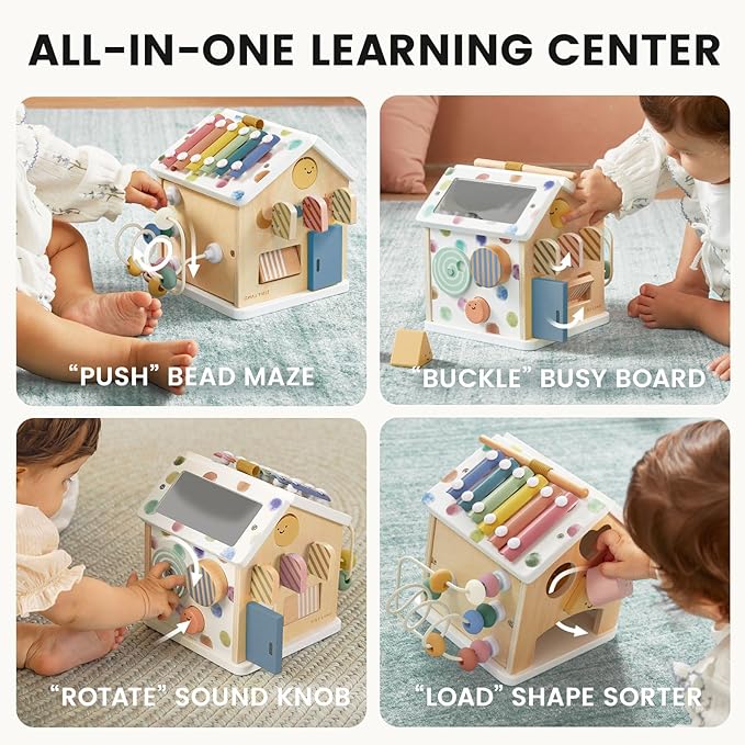 Tiny Land 9-in-1 Wooden Activity Cube, Montessori Baby Activity Center for 1+ Year Old, Educational Toy for Toddlers, Ideal Gift for Boys and Girls (Morandi)