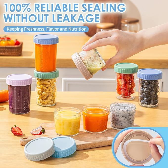 DRKIO 12 Pack Glass Baby Food Storage Containers - 4 & 8 oz Baby Food Jars with Lids Baby Food Maker Microwave Dishwasher Freezer Safe 100% Leak Proof BPA Free Reusable