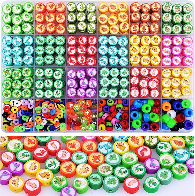 1000PCS Dinosaur Polymer Clay Beads Bracelet Making kit, 24 Style Cute Fun Beads Beads Charms for Jewelry Necklace Earring Making DIY Accessories for Women Girls