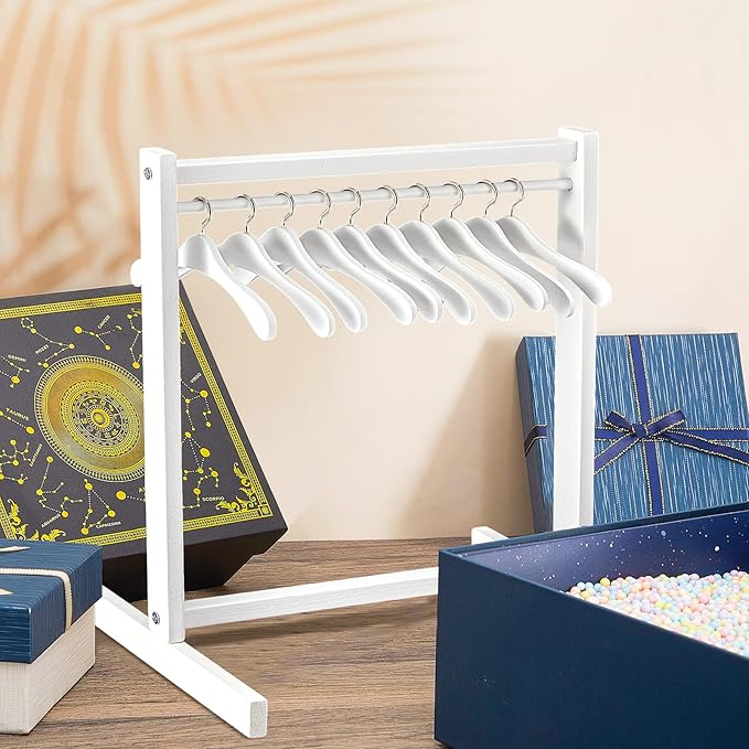 Civaner 22 Pcs Doll Garment Rack with Wooden Clothes Hanger for 18 Inch Girl Doll Clothes Mini Hangers Wardrobe Furniture Accessories for Dollhouse Baby Shower Supplies (White)