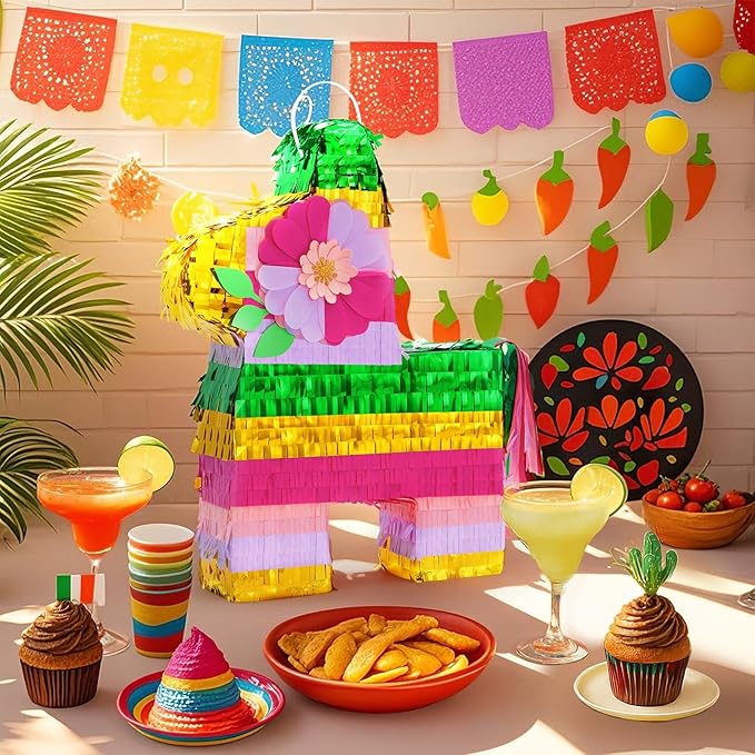 WERNNSAI Hawaiian Donkey Piñata - Rainbow Donkey Pinata for Summer Party Supply Cinco De Mayo Luau Carnivals Favor Mexican Fiesta Party Decorations with Blindfold&Bat