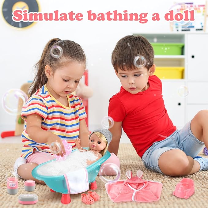 Baby Doll Bath Set, Bathtub Baby Doll Playset for Todders, for 3 4 5 Year Old Girls, Party Favors Toys Stocking Stuffers for Toddlers Kids (Bathtub Set)
