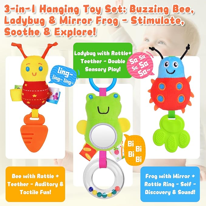 Spiral Car Seat Toys for Infants, 0-6 Months Carseat & Stroller Pram Separable Activity Hanging Toys with Rattle, Teethers, Newborn Soft Plush Travel Toy for Boys Girls Essentials Gifts