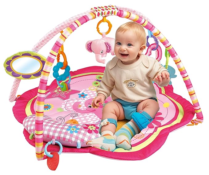 Pink Baby Acctivity Play Gyms Playmats Colorful Infants Toddler Play Mat with Arches, Activity Toys, Plush Animals, Elephant