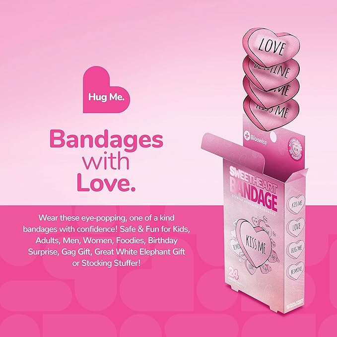 BioSwiss Bandages, Valentine Valentine Heart Shaped Self Adhesive Bandage, Latex Free Sterile Wound Care, Fun First Aid Kit Supplies for Kids, 24 Count
