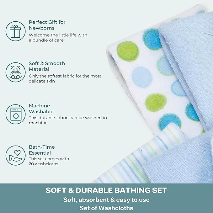 Spasilk Washcloth Wipes Set For Newborn Boys And Girls, Soft Terry Washcloth Set-Pack Of 20, Blue Dot