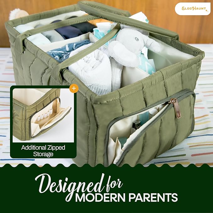 Large Diaper Caddy Organizer with Handle Neutral Boy Girl – Baby Basket for Nursery, Car, Changing Table – Portable Baby Storage with Compartments – Perfect for New Parents and Baby Shower Gifts