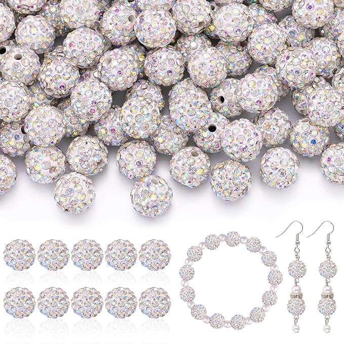 105pcs 10mm Rhinestone Beads for Jewelry Making, Crystal AB Shiny Round Disco Ball Beads Bulk, Sparkle Crystal Clay Christmas for Bracelet Baseball Necklace Earring Crafting and DIY