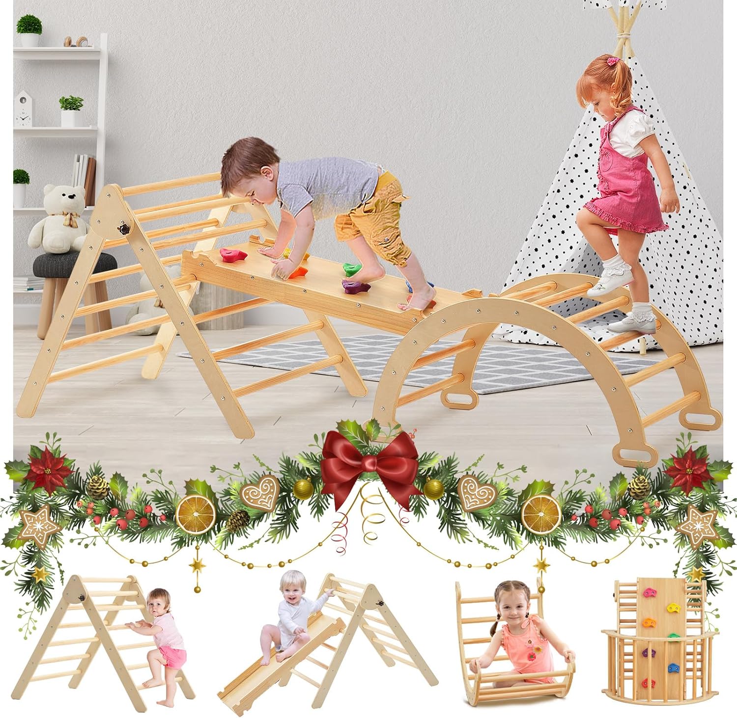 FUNLIO Foldable Pikler Triangle Set (3 Piece), Montessori Climbing Set with Solid Wood for Toddlers 2-6 yrs, Adjustable 3-in-1 Indoor Play Gym with Arch/Slide/Climbing Rock/Triangle, Easy to Install
