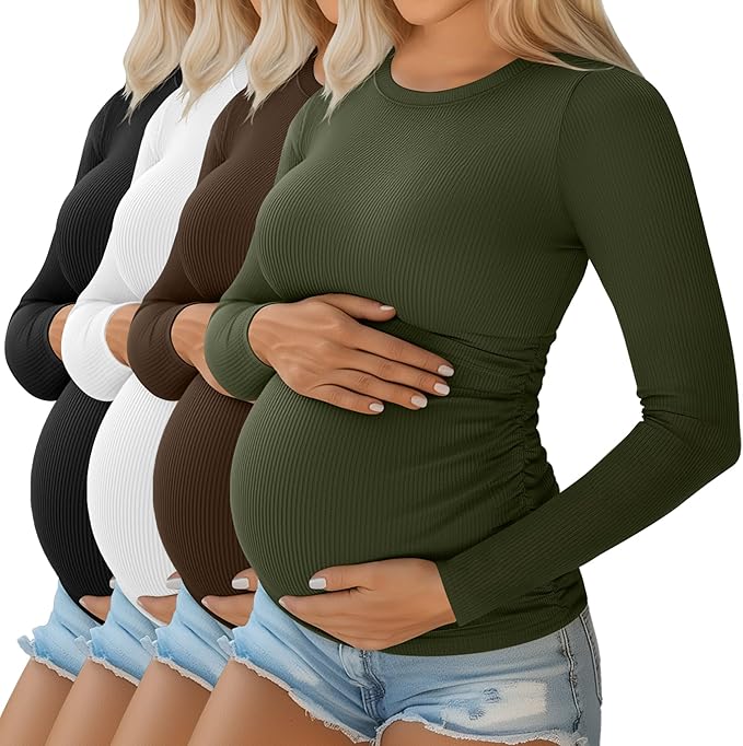 Ficerd 4 Pack Women's Maternity Shirts Cotton Long Sleeve Ribbed Crew Neck Pregnancy Tops Side Ruched Casual Mama Clothes