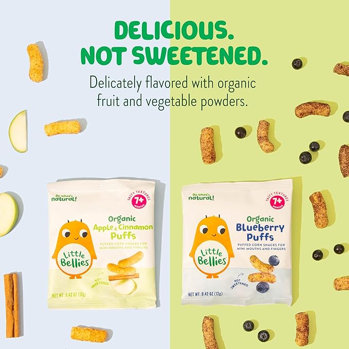 Little Bellies Organic Puffs Variety Pack, Blueberry & Apple and Cinnamon (Pack of 18)