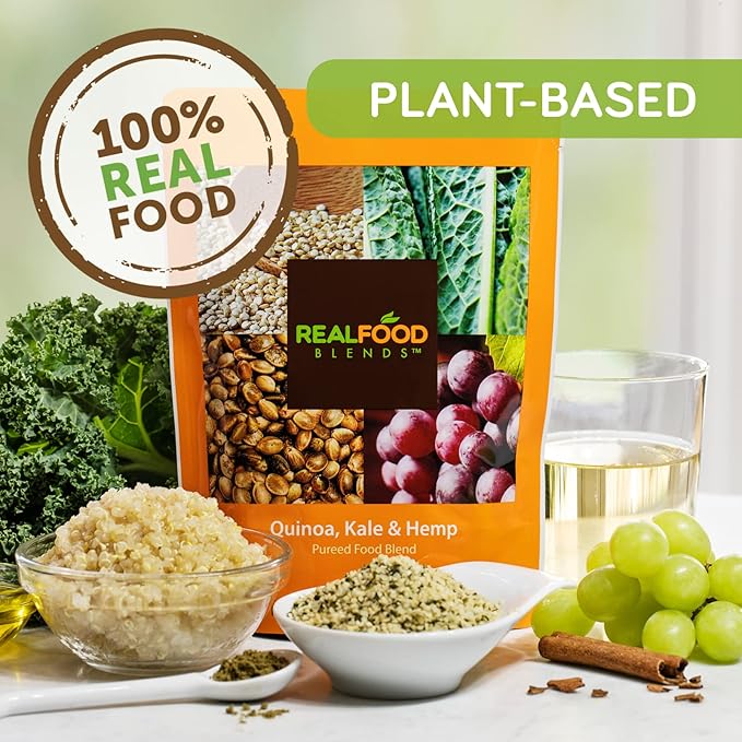 Real Food Blends Quinoa, Kale & Hemp - Pureed Food Meals for Tube Feeding with Protein, Vegetables & Fruits - Plant-based - 340 Calories for Breakfast, Lunch & Dinner - 9.4 oz (Pack of 12)