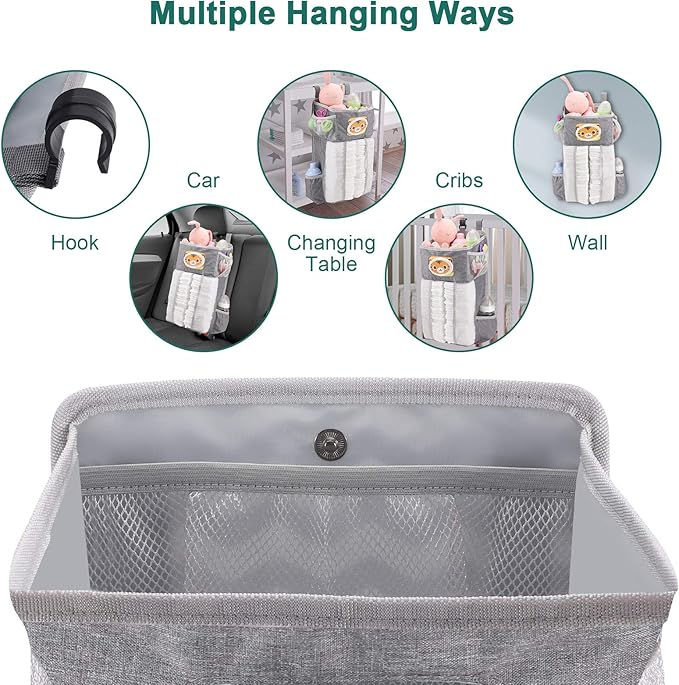 Accmor Hanging Baby Diaper Caddy Organizer, Diaper Stacker, Baby Crib Hanging Classified Storage Bag Organizer for Changing Table, Crib, Playard or Wall & Nursery Organization, Grey