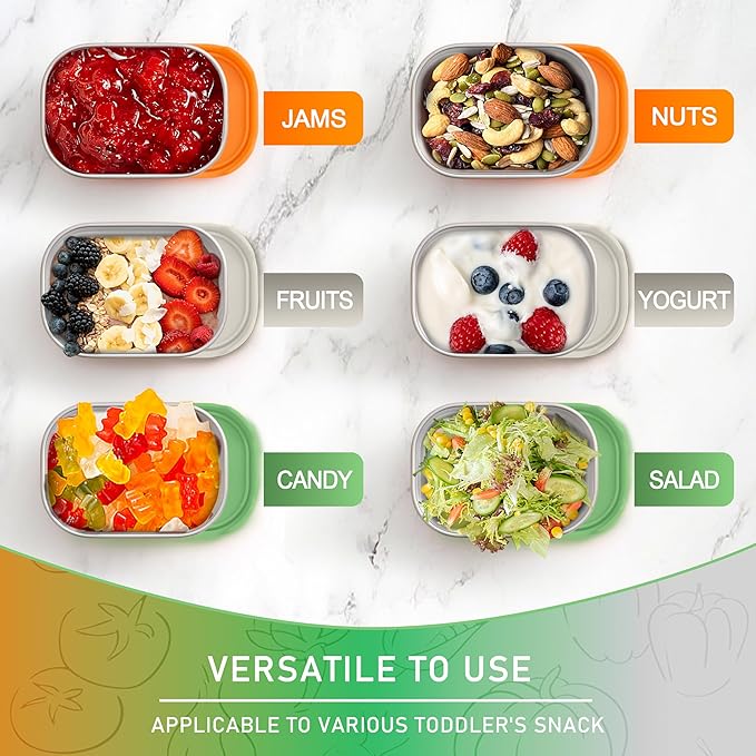 HaWare Stainless Steel Snack Containers for Toddlers and Kids, 8 oz Leak Proof Food Storage Containers with Colorful Silicone Lids, Stackable Small Metal Lunch Box for Daycare and School- 3 Packs