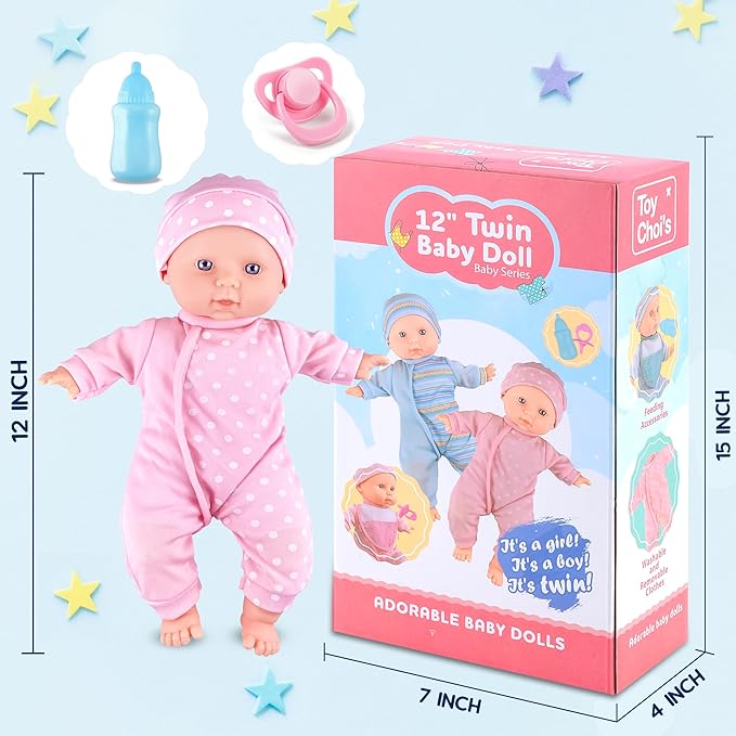 Toy Choi's Baby Doll Twin Baby Dolls 12 inch Soft Body 2 Dolls Playset with Rompers, Hat, Pacifier and Doll Bibs, Gifts for 1 2 3 4 5 Year Old Boys Girls, Toddlers and Kids