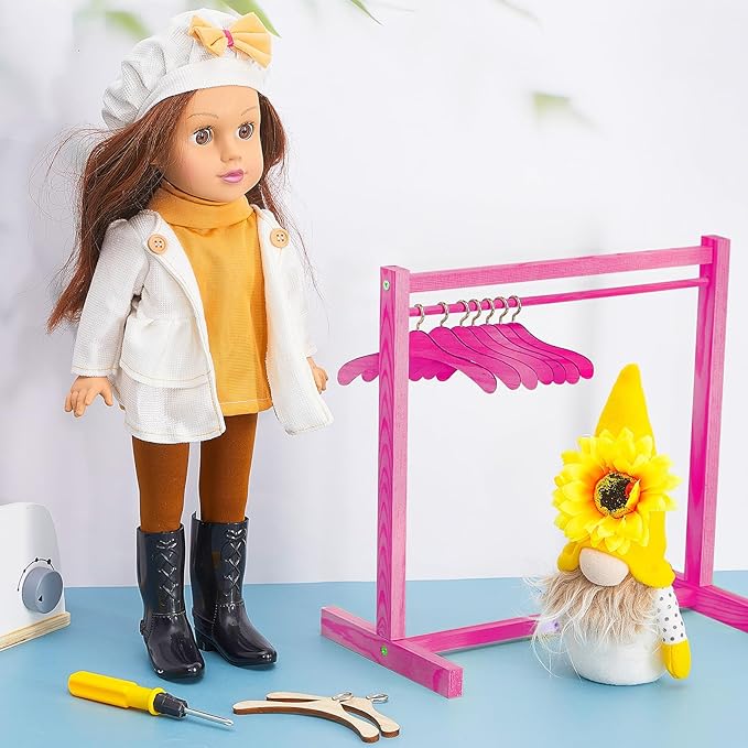 Civaner 11 Pcs Doll Garment Rack with Wooden Clothes Hanger for 18 Inch Girl Doll Clothes Mini Hangers Wardrobe Furniture Accessories for Dollhouse Baby Shower Supplies (Rose Pink)