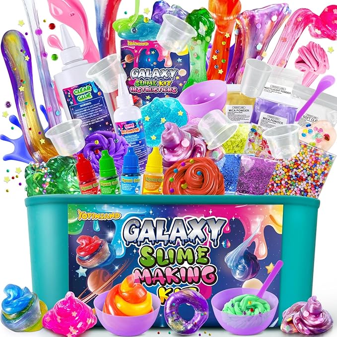 YOPINSAND Galaxy Slime Kit for Girls, DIY Slime Making Kit, Glimmer Crunchy, Butter, Foam, Glow in The Dark Slime with Add-ins, Foam Balls, Charms, Glitters, Party Favors Gift Toys for Kids 6-12