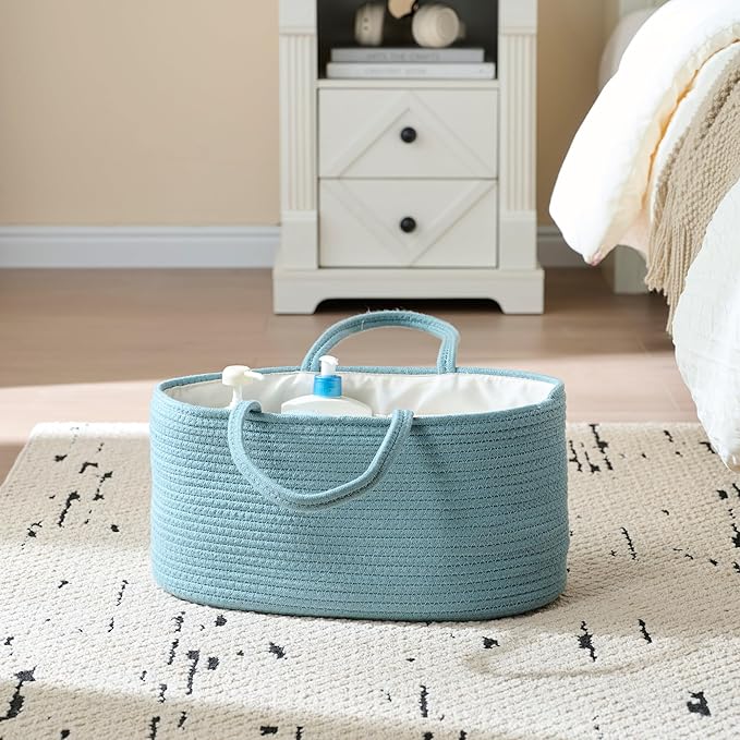 Baby Diaper Caddy Organizer, Large Cotton Rope Nursery Diaper Basket, Changing Table Organizer, Portable Tote Bag with Divider, Car Storage, Baby Shower Gifts for Newborn Girls - Lake Blue