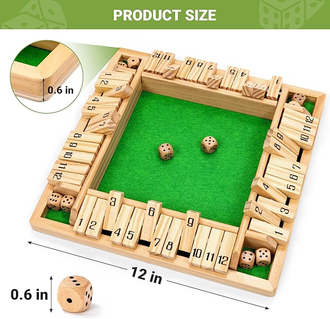 ropoda Shut The Box Game, Upgraded 12 Numbers Wooden Board Games for Adult and Kids, Shut The Box Dice Game -Addition Training, Fun for Family Game Night