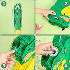 WERNNSAI Foldable Dragon Piñata - Dinosaur Birthday Party Supplies Dino Extendable Piñata Bundle with Blindfold Stick and Tassels for Boys Kids Dragon Theme Bday Party Game Decorations 16.2” x 12.5”