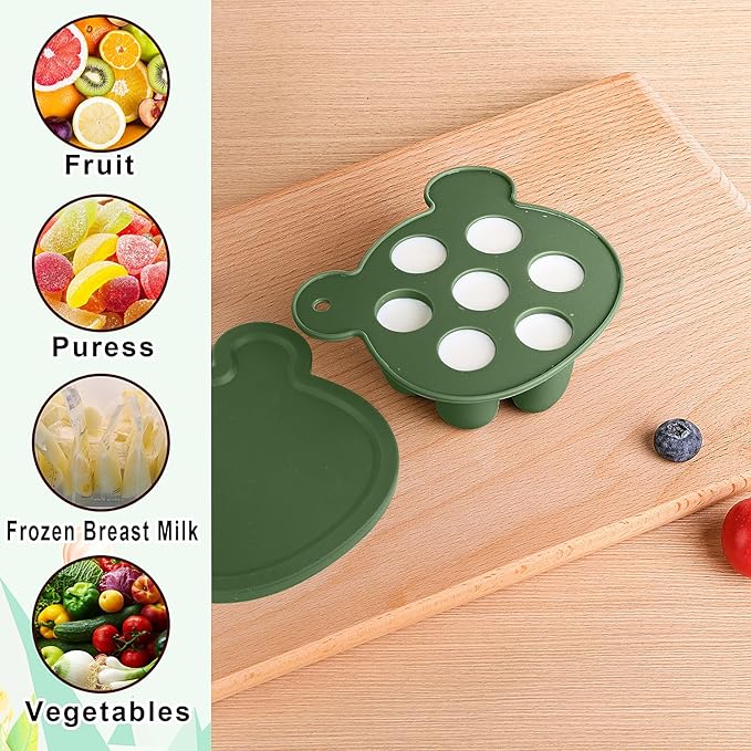 Baby Fruit Food Feeder Breastmilk Popsicle Molds for Teething Relief - 3 Pack Feeding Sets -1 Freezer Tray with Lid & 1 Teether Toy & 1 Silicone Pacifier + 3 Extra Sizes Infant Feed Mesh (Olive Green)