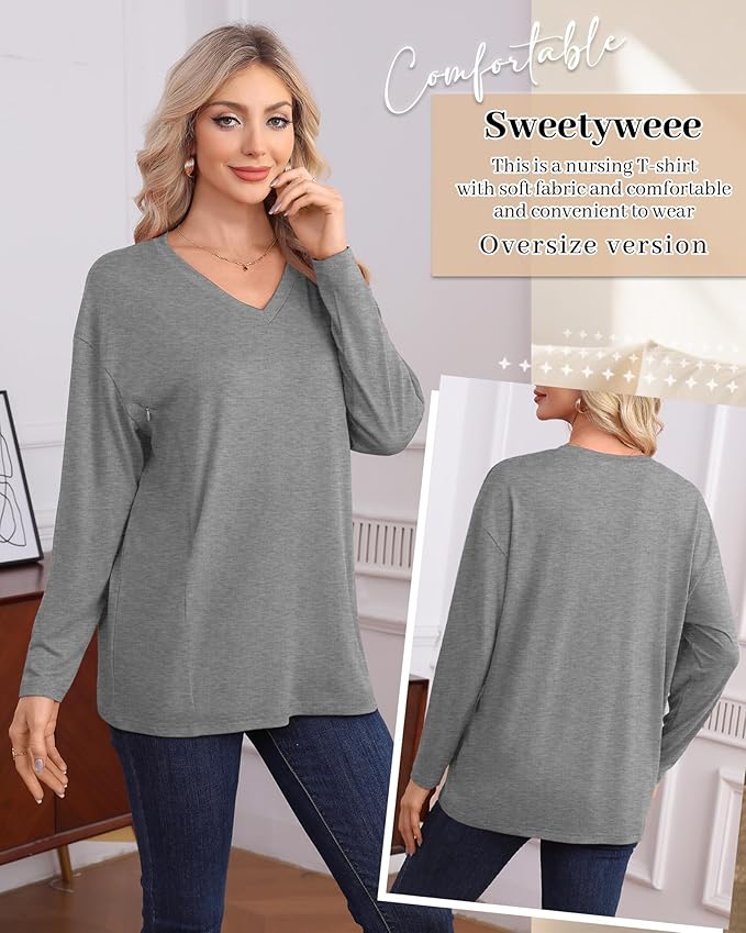 3 Pack Women's Oversize Nursing Shirts for Breastfeeding with Hidden Zippers Loose Fit Long Sleeve Maternity Tops