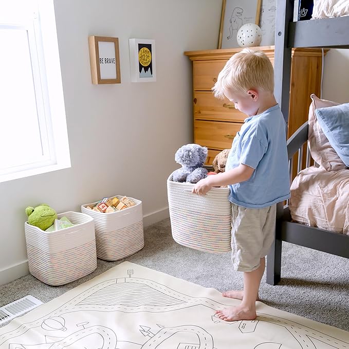 NaturalCozy 13 Inch Cube Storage Bins Cotton Rope Woven Baskets for Organizing 3-Pack | 13 x 13 Storage Cubes | Fabric Square Storage Baskets for Shelves Organizer, Kids Toy Bins, Closet Baby Nursery