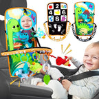 Baby Car Seat Dinosaurs Toys - Kick and Play Double Sided Infant Car Seat Toys with Plush Toys, Mirror, Teether for Baby, Babys Travel Activities, Christmas Birthday Gifts Newborn Infant Toys