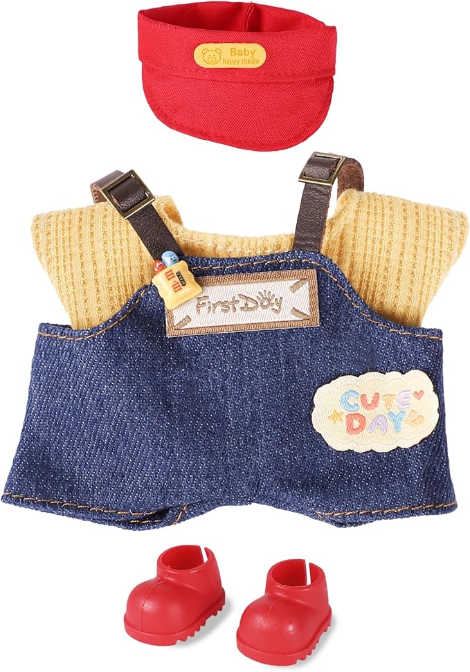 Clothes for 6.7in/17cm Doll, Set of 4 Cute Doll Accessories Includes Doll Hat+T-Shirt+Bib Pants+Shoes Set Premium Fashion Outfit for Collectors Unique Gift (Style F)