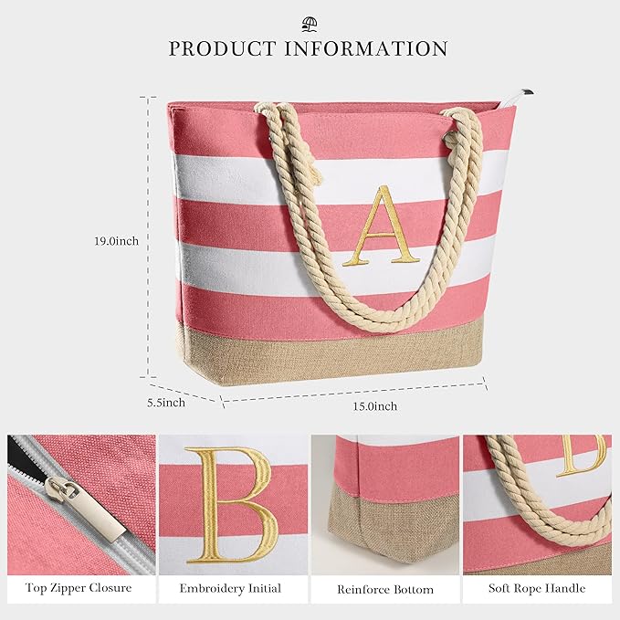 YOOLIFE Initial Canvas Waterproof Beach Tote Bag Zipper Personalized Gifts for Women Her Birthday Travel Beach Essential
