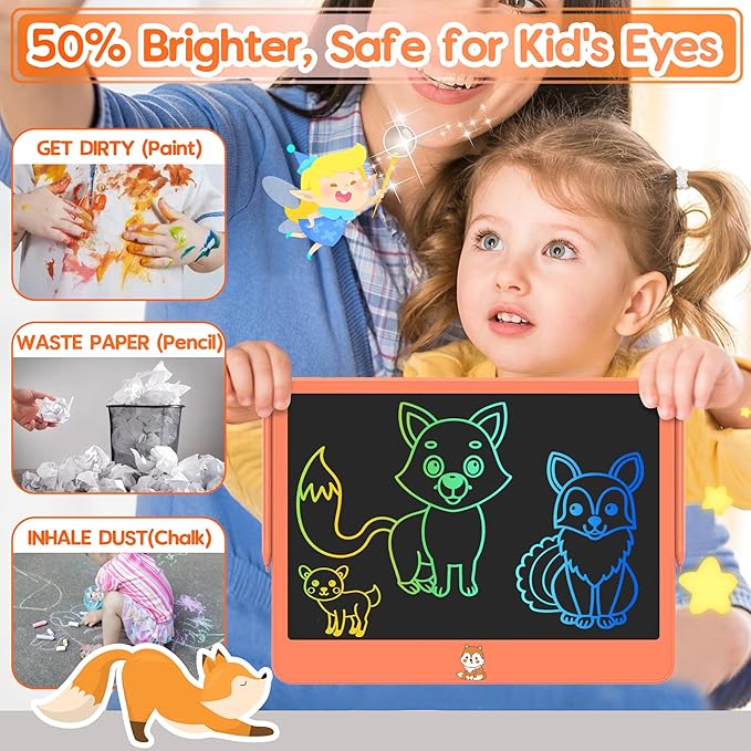 LCD Writing Tablet for Kids 12 Inch, Kids Learning Toys Drawing Pad for Girls Boys, Erasable Doodle Board for Toddlers 3 4 5 6 7 8 Year Old Travel Essentials, Christmas Birthday for Kids - Orange