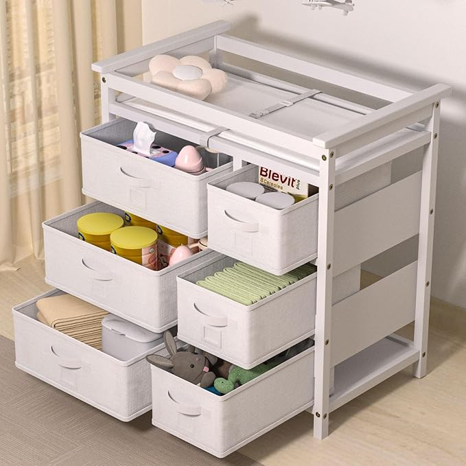KORIMEFA Modern Baby Changing Table, Diaper Changing Table, with 6 Storage Drawers and Changing Pad, White