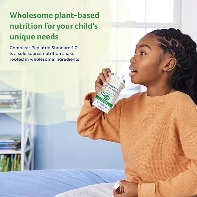 Compleat Pediatric Standard 1.0 Plant-Based Vanilla Nutrition Shake, 8g of Protein, 27 Vitamins & Minerals - Vegan Tube Feeding Formula, 8.45 Fl Oz (Pack of 12)