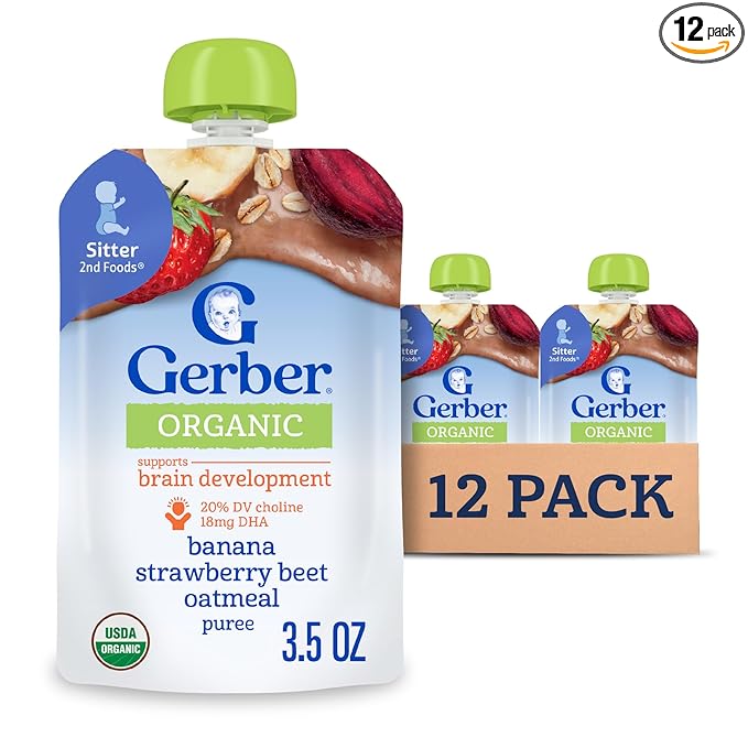 Gerber Stage 2 Baby Food, Organic Banana Strawberry Beet Oatmeal, Baby Puree, 12PK