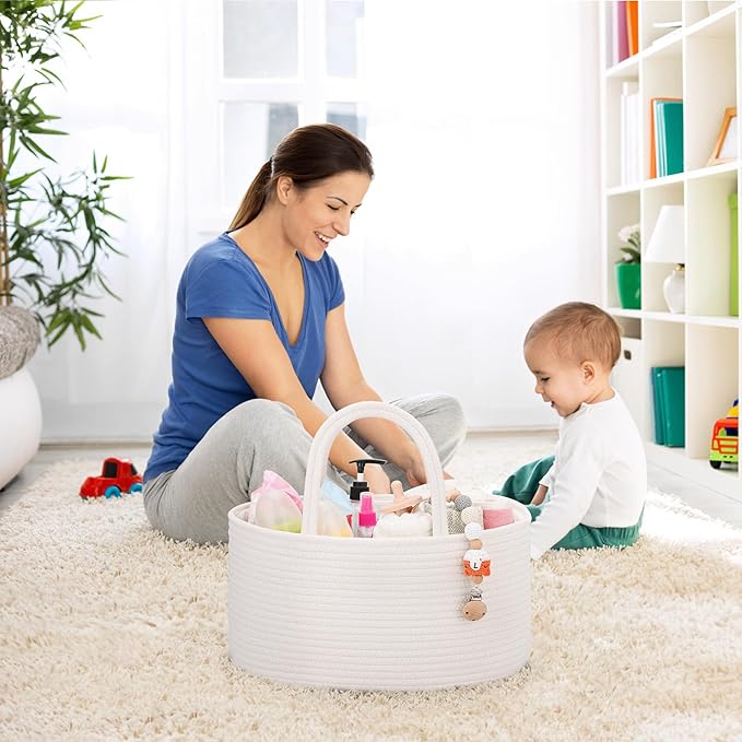 COMSE Baby Diaper Caddy Organizer, Car Caddy, Diaper Change Organizer, Gift Baskets Empty, Portable Tote Bag with Divider, Baby Shower Gifts Newborn Essentials Registry Must Have, White