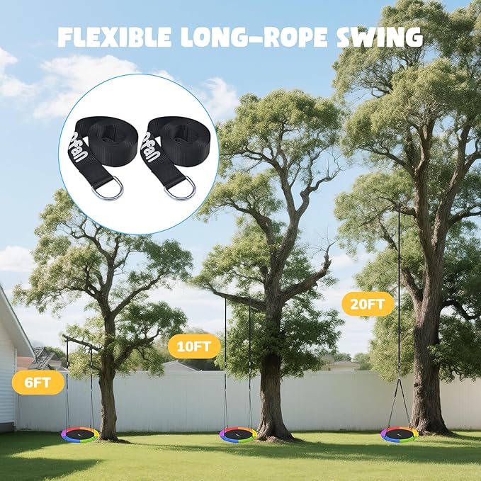 Hapfan 40" Saucer Tree Swing for Kids and Adults, Disc Round Swing for Kids Outdoor with Swivel, UV-Resistant Textilene Fabric, 700 lb Weight Capacity, 9.8 FT Hanging Straps, 2-Year Warranty (Rainbow)