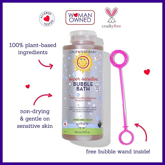 California Baby Super Sensitive Bubble Bath | No Added Fragrance | 100% Plant-Based Ingredients (USDA Certified) | Allergy Friendly | Babies, Adults & Kid Bubble Bath | Ideal for Sensitive Skin | Free Bubble Wand Included |13 Fl oz
