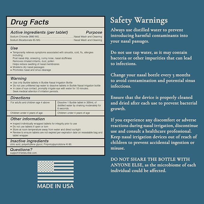 Nasal Rinse Salt Tablets, pH Balanced, A Better Alternative to Saline Packets for Fast Relief, Works with any Sinus Rinse Bottle or Burble Nasal Irrigation System, 60 count