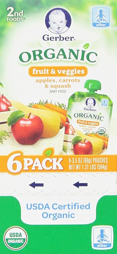Gerber Stage 2 Baby Food, Organic Apple Carrot Squash Puree Pouch, 2 Servings of Fruit & Veggie, No Added Sweetener, No Artificial Colors or Flavors, 12-Pack