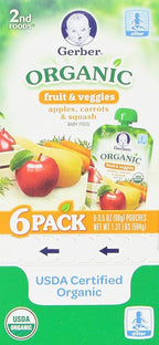 Gerber Stage 2 Baby Food, Organic Apple Carrot Squash Puree Pouch, 2 Servings of Fruit & Veggie, No Added Sweetener, No Artificial Colors or Flavors, 12-Pack
