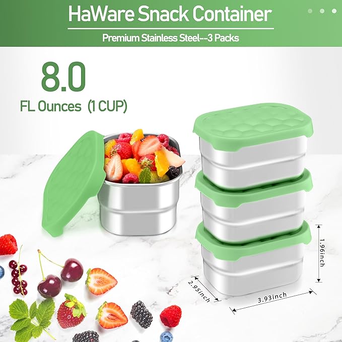 HaWare Stainless Steel Snack Containers for Toddlers and Kids, 8 oz Leak Proof Food Storage Containers with Green Silicone Lids, Stackable Small Metal Lunch Box for Daycare and School- 3 Packs