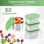 HaWare Stainless Steel Snack Containers for Toddlers and Kids, 8 oz Leak Proof Food Storage Containers with Green Silicone Lids, Stackable Small Metal Lunch Box for Daycare and School- 3 Packs