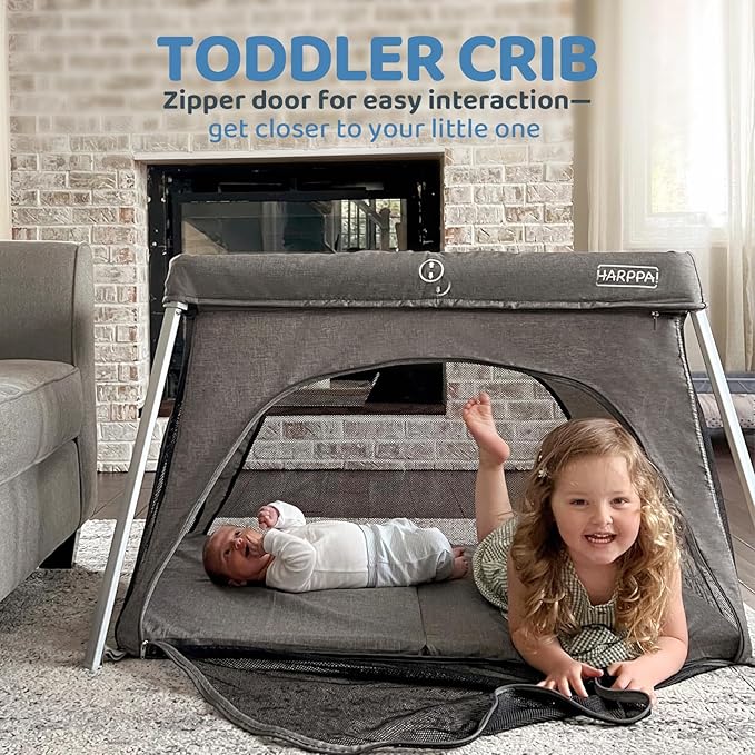 HARPPA Travel Crib with Comfy Mattress, Lightweight Portable Crib Requires No Assembly, Foldable Pack and Play for Baby and Toddlers, Compact Play Yard with Bed,Gray