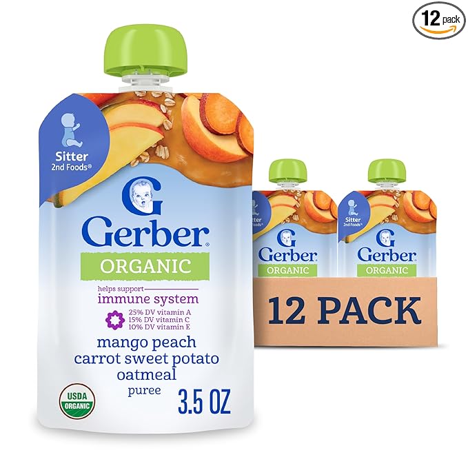 Gerber Stage 2 Baby Food, Organic Mango Peach Carrot Sweet Potato Oatmeal, Baby Puree, 12PK