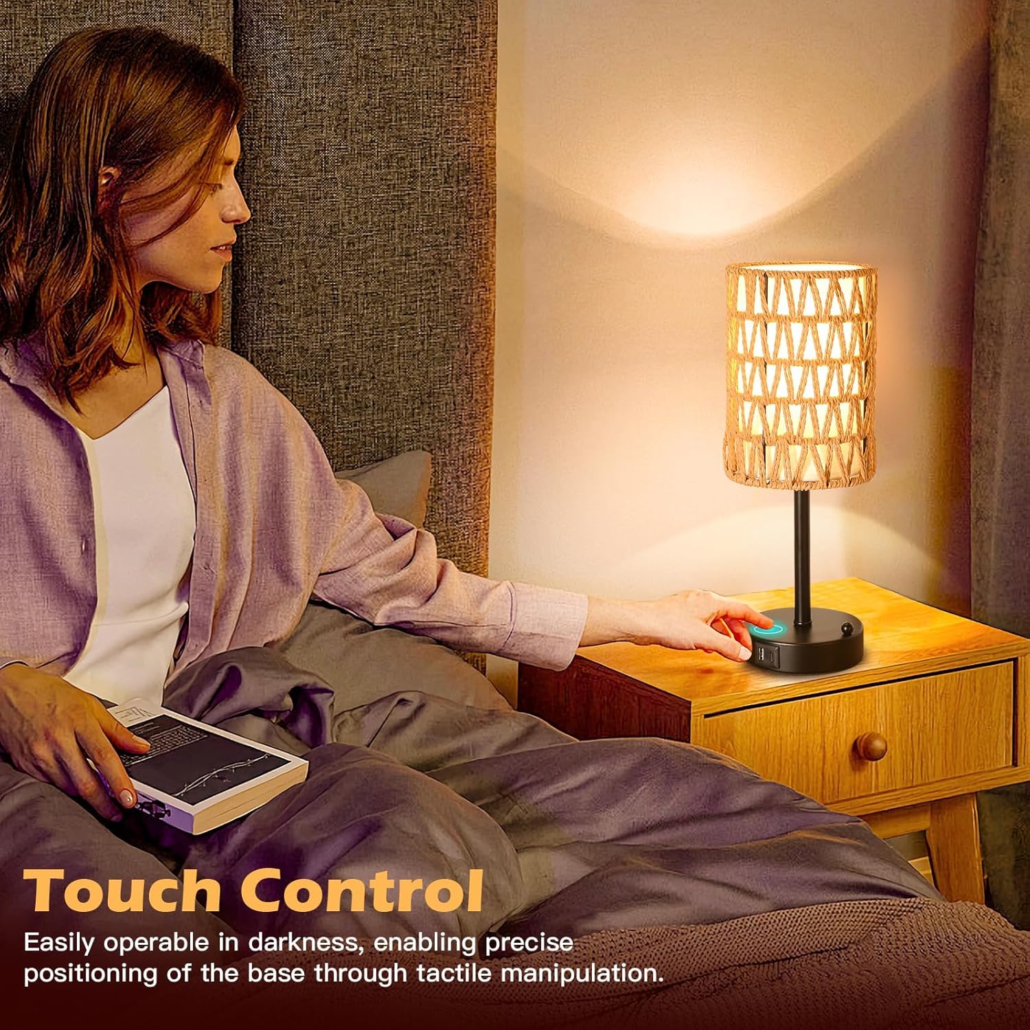 Rattan Table Lamps for Living Room, 3 Way Dimmable Touch Lamps, Small Bedside Lamps with LED Bulbs, Phone Stand, USB Ports and AC Outlet, Boho Nightstand Lamp for Kids Room, Bedroom, Office (1 Pack)