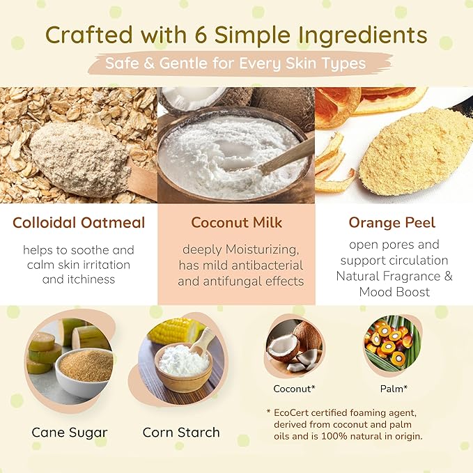 WIISH Baby Oatmeal Bubble Bath - Baby Bubble Bath for Sensitive Skin with 30% Colloidal Oatmeal | Orange + Coconut | Healing Ingredient, Soothing Itchiness, Rashes, Dryness 16 oz(260g)