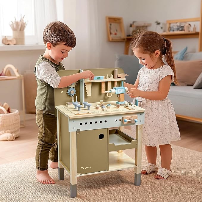 Kids Tool Set,Wooden Tools Bench with Apron Toddler Toy Workbench with Realistic Tools Electric Drill STEM Construction Toy Gifts for Age 3-9 Boys Girls