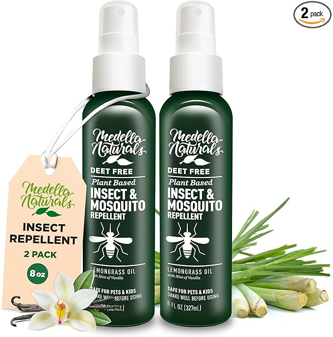 Deet-Free Insect & Mosquito Repellent Pack of 2 (8 oz) – Nice Smelling Insect Repellent with Lemongrass Oil Safe for Pets and Kids – Bug Spray for Mosquitoes, Gnats, Black Flies, and No-See-ums